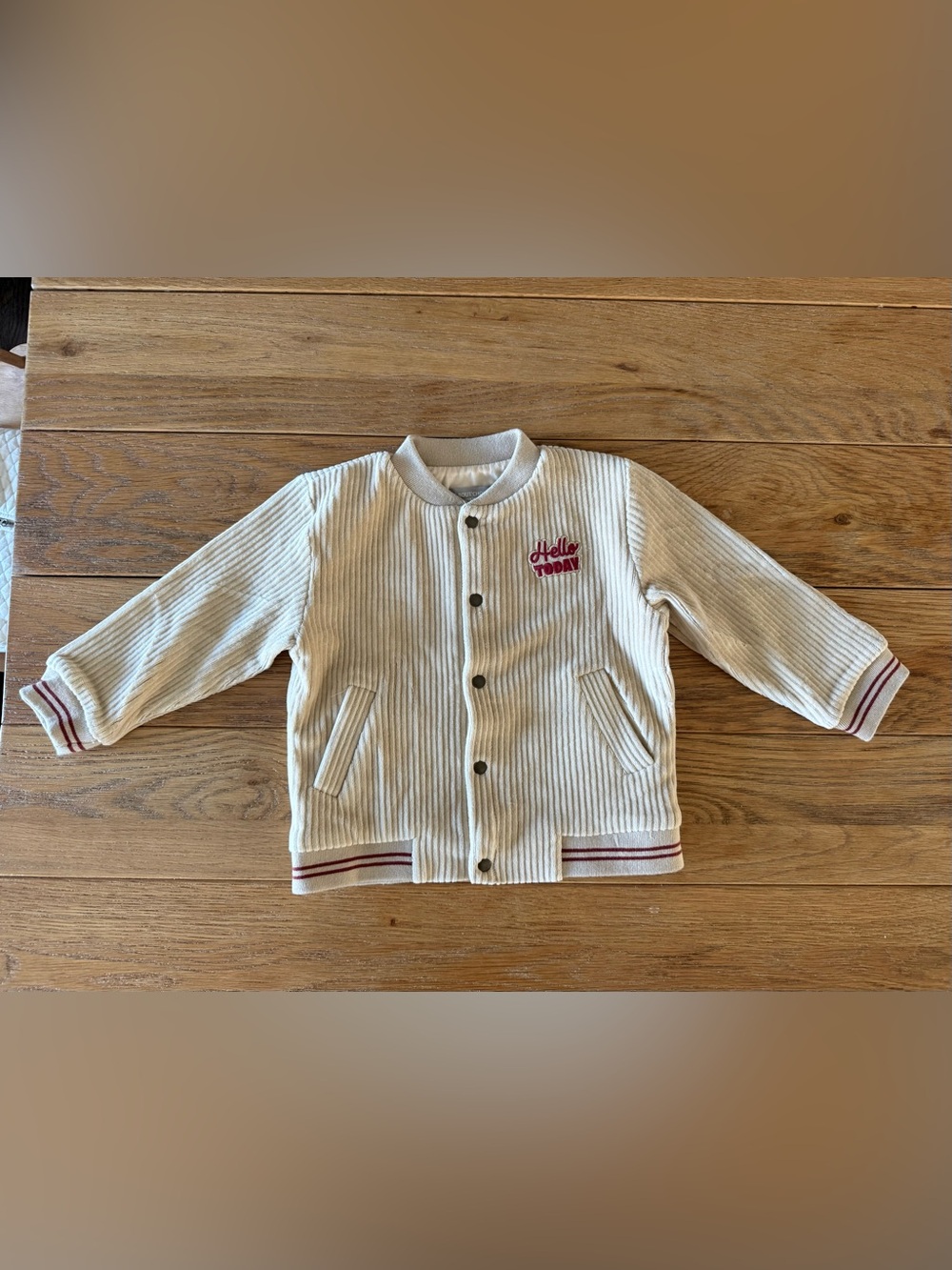 Cream Ribbed Kids Jacket with Red 'Hello Today' Accent